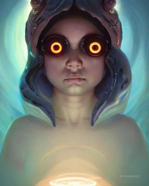 Image similar to one signular portrait of a cute bioluminescent baby creature with big glowing eyes, highly detailed, digital painting, cinematic, hyper realism, dark retrowave, art by Stanley Lau and Artgerm and magali villeneuve and Alphonse Mucha, artstation, octane render, cgsociety