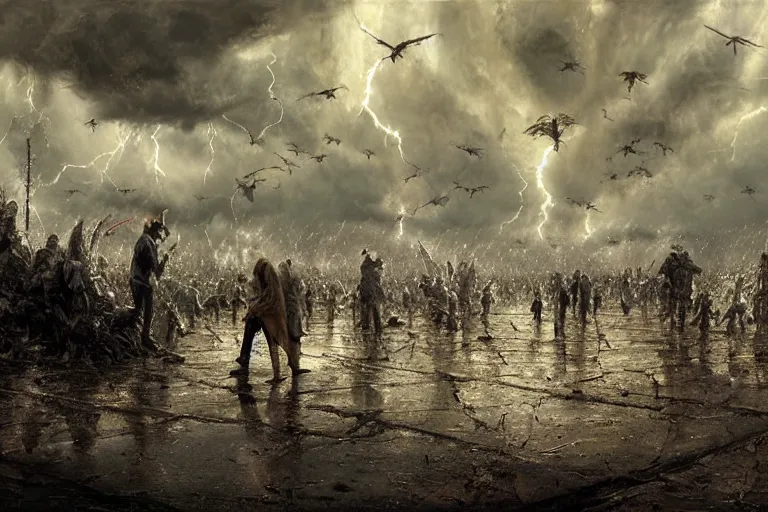 Prompt: Lucifer and his 1000 angels falling from heaven, hyper realistic, extreme detail, dark, clouds, lightning, gritty texture, Craig Mullins