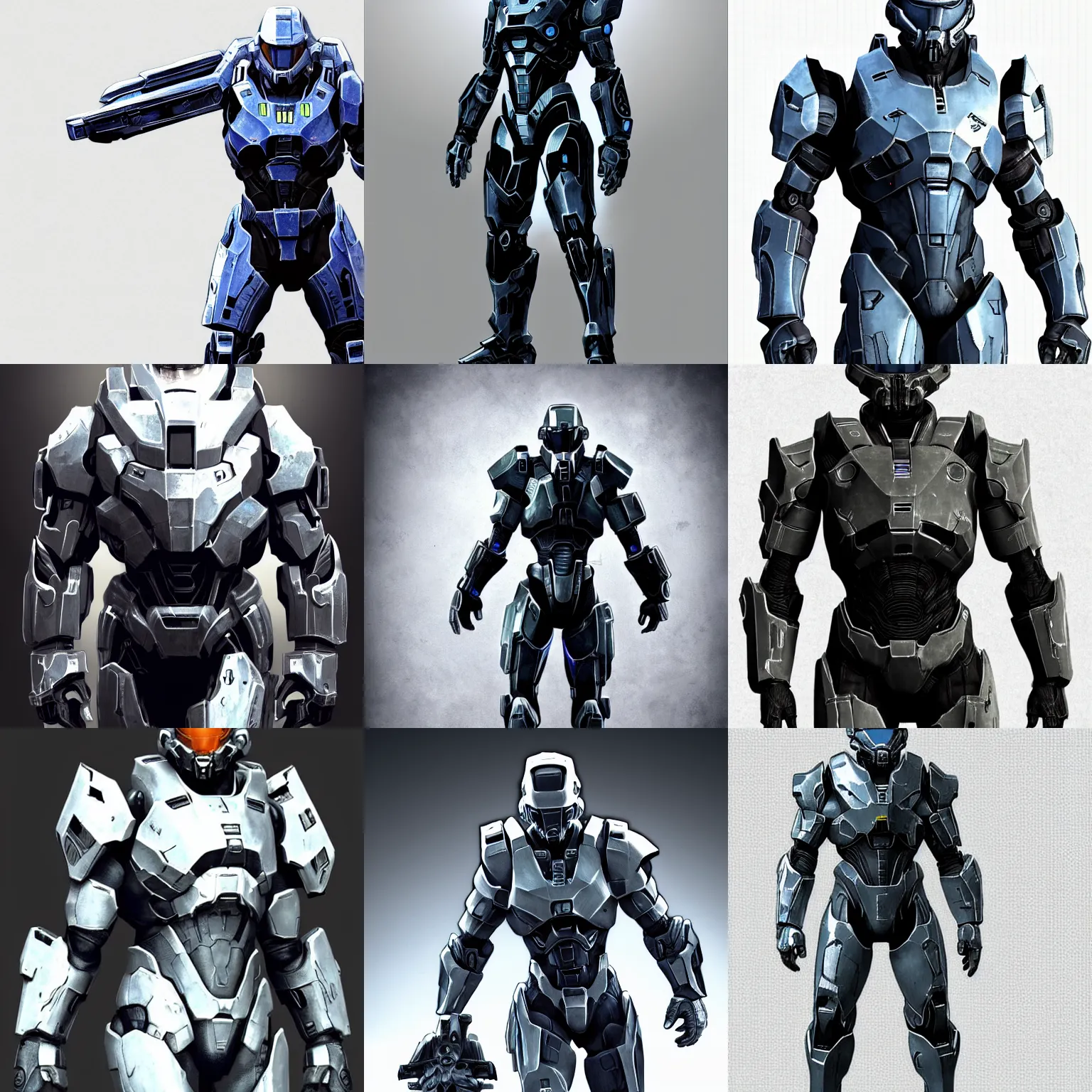 Prompt: concept art, full body, full view, full frame, game assets, form fitting power armor for men and women, highly realistic, mass effect, halo master chief, black and blue, intricate, elegant, artstation, on a stark white background H 960