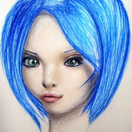 Image similar to drawing of a beautiful woman with short blue hair, big brown eyes