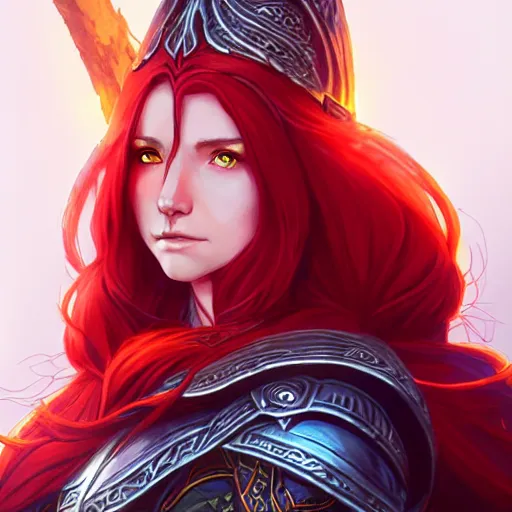 Image similar to a female elven cleric with red long hair, very good beautiful heavy scale armor, wearing a cape, casting a fire spell, dungeon background, magical, bright, colorful, fantastic lighting, amazing details, 4 k uhd, illustration by stephanie brown and mingchen shen and ilya kuvshinov, artstation, pixiv, concept art,