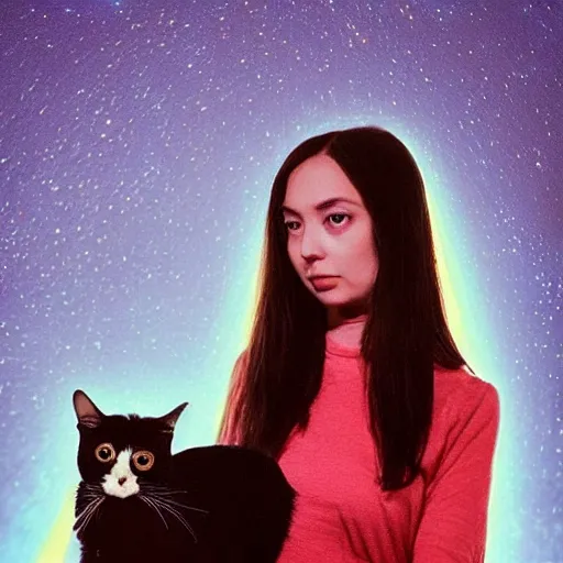 Image similar to a woman with long dark hair holding a cat in her arm standing on steps in a field at night, a hologram by kusama, instagram, optical illusion, full body, ultra hd, neon, pexels contest winner, high quality photo, rtx, hd, shiny eyes, a renaissance painting by sailor moon, anime, anime aesthetic