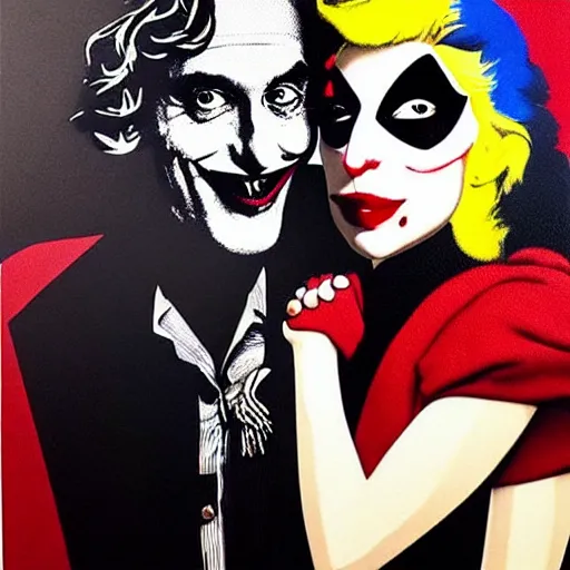 Prompt: richard hamilton and mimmo rottela and banksy as joaquin phoenix skinny joker holding hand lady gaga harley queen, ultra photorealistic, intricate details, pop art style, baroque, hyperdetailed, concept art, ultrarealistic, 3 colors, smooth, sharp focus