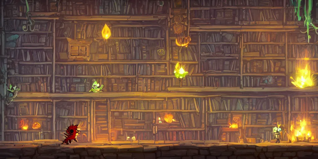 Prompt: several books in a shelf organized inside a castle. game assets ,Ori and the blind forest, SOTN, wonder boy, dead cells, hollow knight Portrait of a ilvolxanic lava in a side scrolling game, inside a castle library, castle library, loot of books, Neon Lights, Subject in Middle, Rule of Thirds, 4K, Retrofuturism, Studio Ghibli, Simon Stålenhag