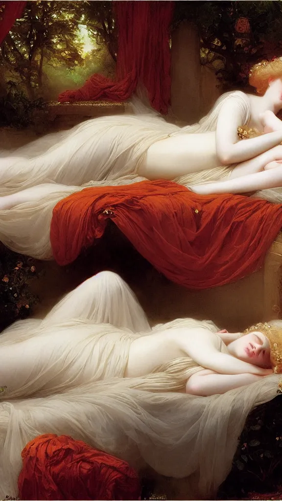 Image similar to blonde beautiful pale skin sleeping princess by franz xaver winterhalter and delphin enjolras and rebecca guay