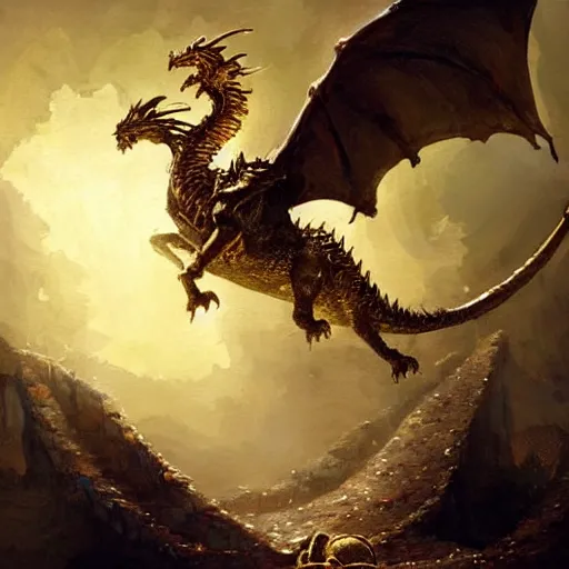 Prompt: a hobbit riding a golden dragon in an underground chamber, piles of gold coins scattered around the floor, fantasy painting by greg rutkowski