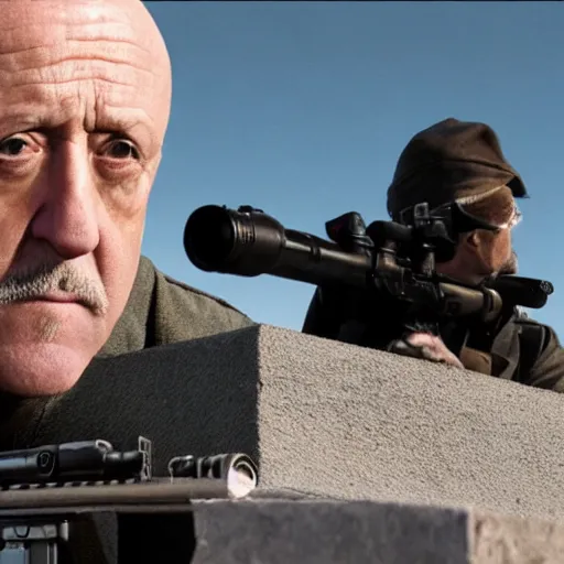 Image similar to film still of mike ehrmantraut aiming with a sniper rifle on a rooftop, 4 k, highly detailed