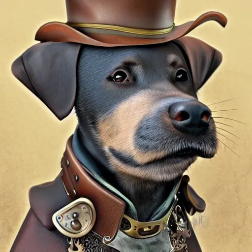 Image similar to a steampunk dog, digital art, hyperrealistic