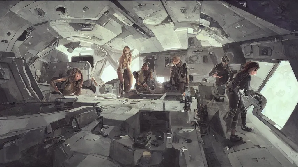 Prompt: all - female crew in a minimalistic, dark ( spaceship ), by jon foster.