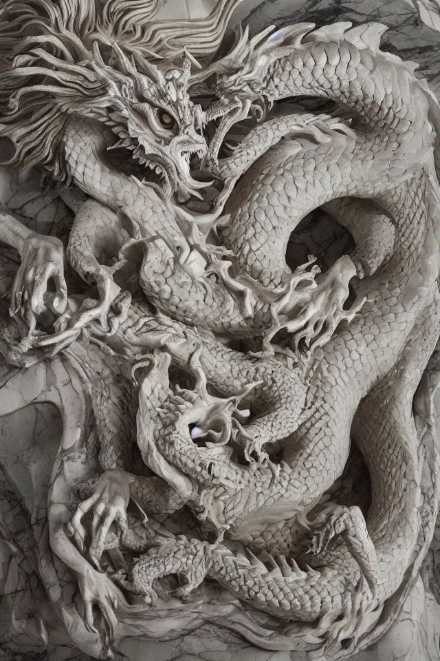 Prompt: photograph of a sculpture on the marble of a hyper detailed dragon on clay made from bernini