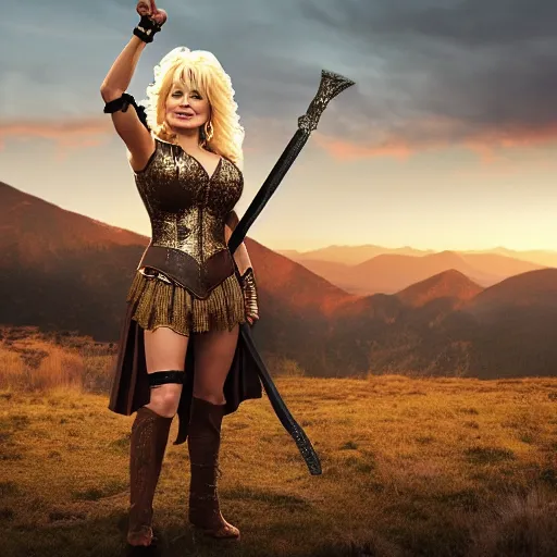 Image similar to Dolly Parton as a leading warrior, wearing Spartan leather armor, cinematic, photography, promotional advertising, rocky mountain range, sunset background