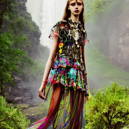 Prompt: hungarian cybernetic folk costume made by valentino resort ss 2 0 1 6, sheer layered floral dress, chain jewelry, coin veil, cute young model standing near a mystical mountain forest waterfalls, hologram flowers