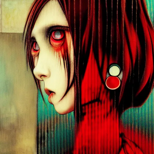 Image similar to yoshitaka amano blurred and dreamy realistic three quarter angle horror portrait of a sinister young woman with short hair, big earrings and red eyes wearing office suit with tie, junji ito abstract patterns in the background, satoshi kon anime, noisy film grain effect, highly detailed, renaissance oil painting, weird portrait angle, blurred lost edges