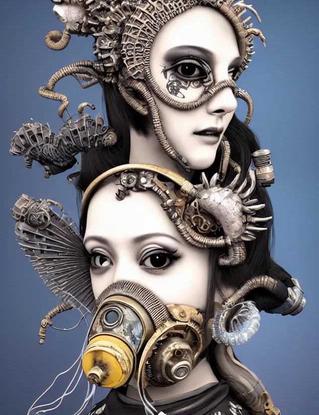 Image similar to 3 d goddess close - up profile punk portrait with vintage gas mask ram skull. beautiful intricately detailed japanese crow kitsune mask and clasical japanese kimono. betta fish, jellyfish phoenix, bio luminescent, plasma, ice, water, wind, creature, artwork by tooth wu and wlop and beeple and greg rutkowski