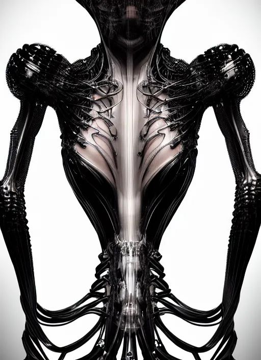 Image similar to iris van herpen gothic inflateble dark dress, perfect symmetrical body, helmet on face, full body shot, inflateble shapes, wires, tubes, veins, jellyfish, white biomechanical details, wearing epic bionic cyborg implants, masterpiece, intricate, biopunk, vogue, highly detailed, artstation, concept art, cyberpunk, octane render