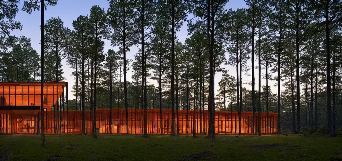 Image similar to faceted roof planes lift and descend creating shade and architectural expression, highly detailed, situated in the forest, next to a highly reflective lake, at dusk, vivid color