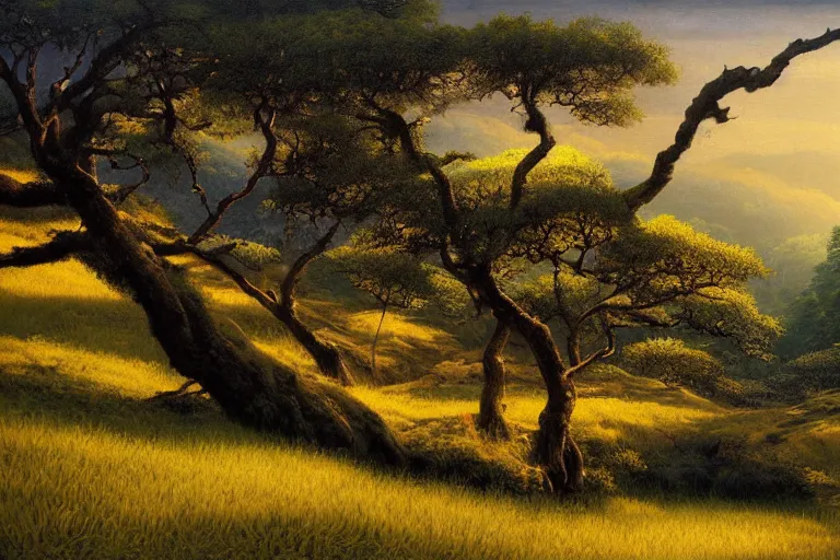 Image similar to masterpiece painting of oak trees on a hillside overlooking a creek, dramatic lighting, by kazuo oga