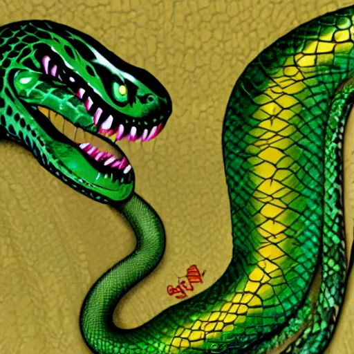 Image similar to long green reptile with snake head and snake eyes and fangs and with scales and snake tail