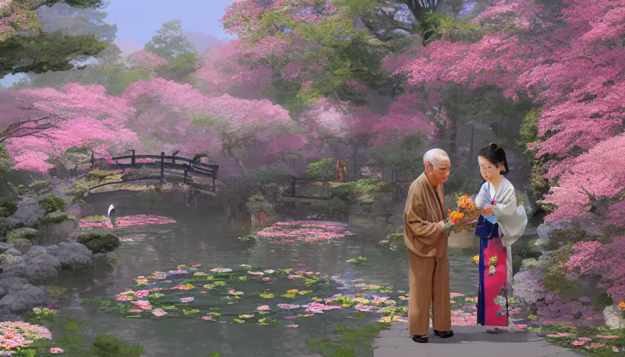 Image similar to old japanese man giving flowers to his wife, japanese flowery garden in the village, sunny day, drawing, hyperdetailed, artstation, cgsociety, 8 k