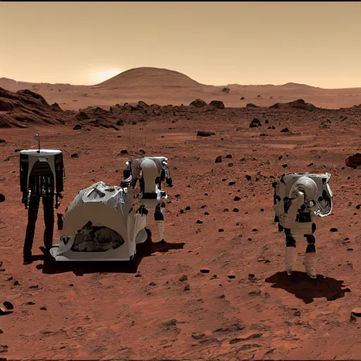 Prompt: Early settlers on Mars, April 2061. Wikimedia Commons.