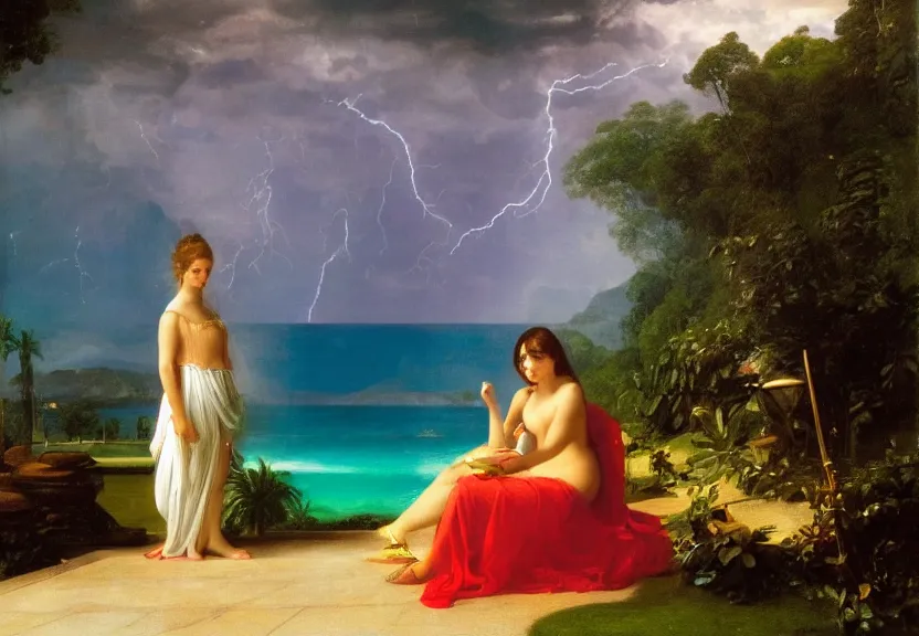 Image similar to Girl at the palace, refracted sparkles, thunderstorm, greek pool, beach and Tropical vegetation on the background major arcana sky, by paul delaroche, hyperrealistic 4k uhd, award-winning, very very very detailed