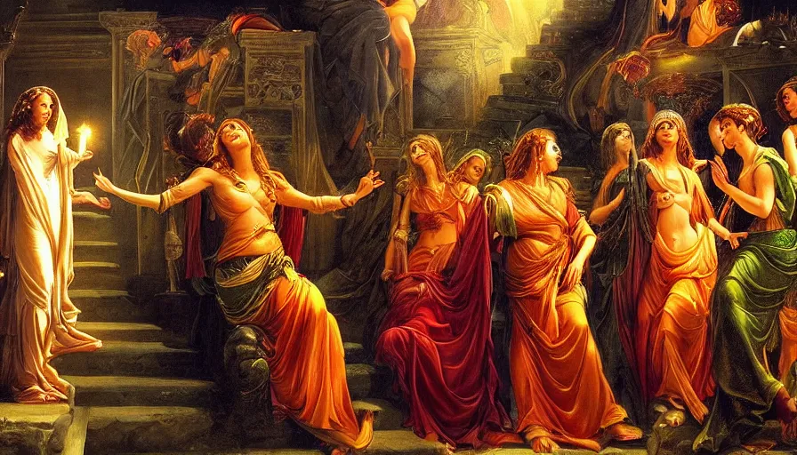 Image similar to mighty aphrodite bestowing her blessing upon her devoted priestesses, atmospheric, dramatic lighting, vivid color, striking detail, high resolution