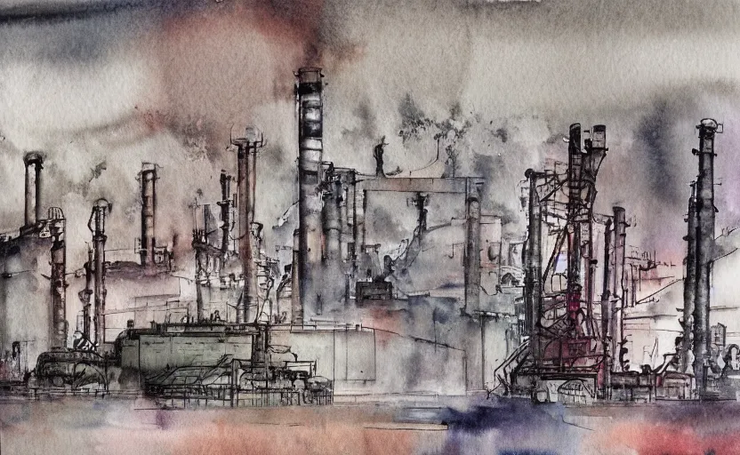 Image similar to Industrial complex Watercolor, highly detailded