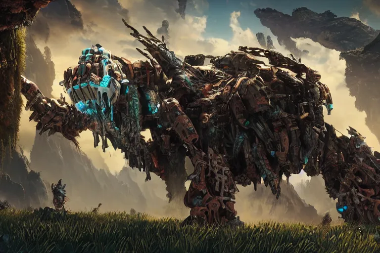 Image similar to tremortusk machine mecanical creature robot of horizon forbidden west horizon zero dawn bioluminiscence global illumination ray tracing hdr fanart arstation by sung choi and eric pfeiffer and gabriel garza and casper konefal