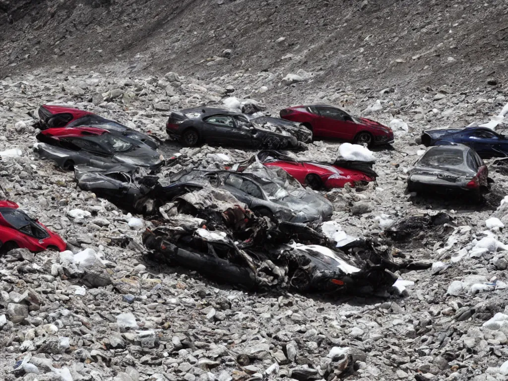 Image similar to mount everest with crashed ferraris, 3 model l