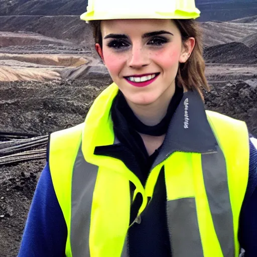 Prompt: photo, close up, emma watson in a hi vis vest, in dusty open pit mine, android cameraphone, 2 6 mm,