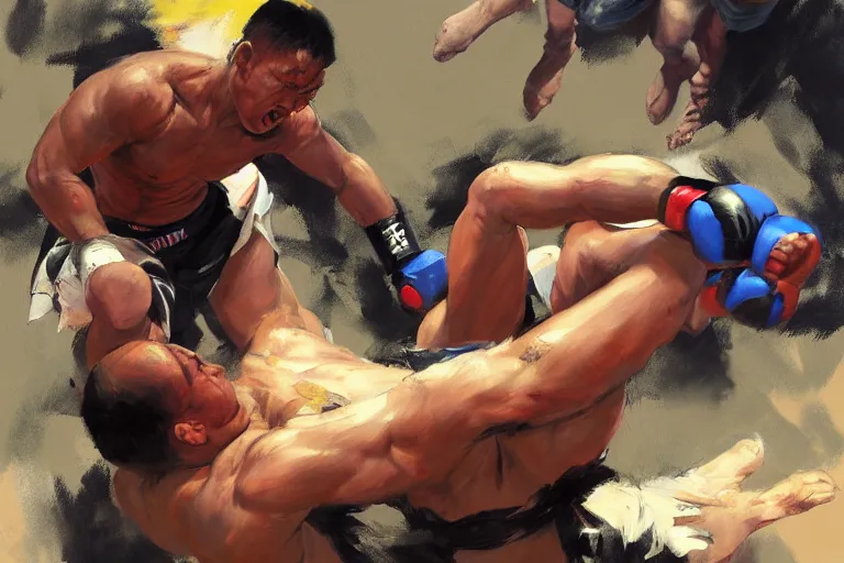 Image similar to greg manchess portrait of a filipino mma fighter defeated on the ground in an arena battle, organic painting, sunny day, matte painting, bold shapes, hard edges, street art, trending on artstation, by huang guangjian, gil elvgren, ruan jia, randy vargas, greg rutkowski