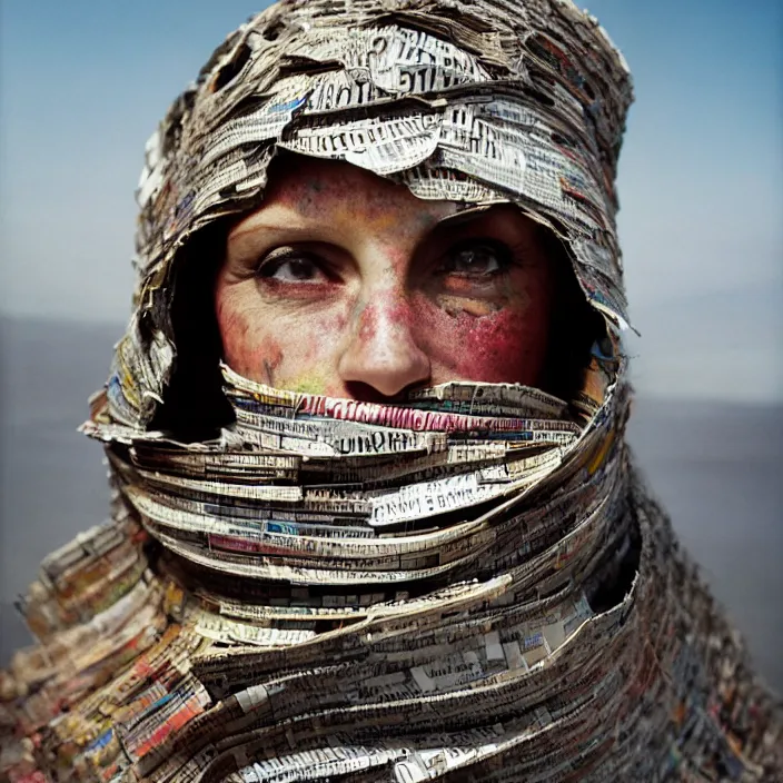 Prompt: closeup portrait of a woman with a hood made of newspaper and confetti, standing in a desolate apocalyptic landscape, by Annie Leibovitz and Steve McCurry, natural light, detailed face, CANON Eos C300, ƒ1.8, 35mm, 8K, medium-format print