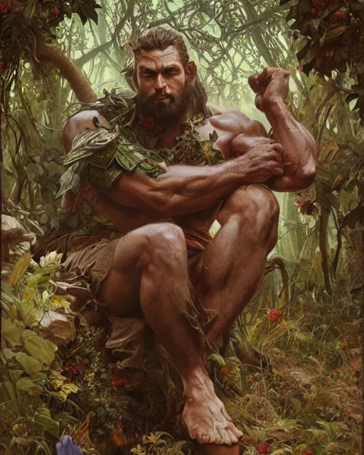 Prompt: god of the forest, 3 0 years old, rugged, male, gorgeous, detailed face, amazing, thighs, flowers, muscular, intricate, highly detailed, digital painting, artstation, concept art, sharp focus, illustration, art by greg rutkowski and alphonse mucha