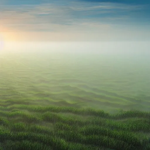 Prompt: a sprawling landscape with rows of teeth instead of grass, fantasy, morning mist, sun rising