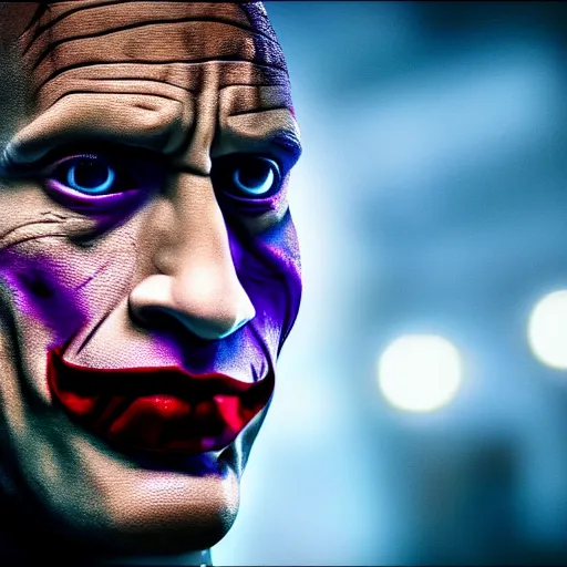 Image similar to dwayne johnson as the joker, cinematic, studio photography, high detail, ultra high detail, 4 k, hdr, 8 k