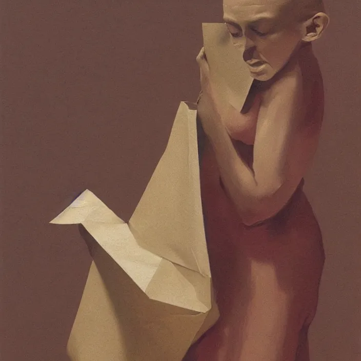 Prompt: woman pushing face through paper bag, artstation, art by, , edward hopper, Zdzislaw Beksinski, highly detailed
