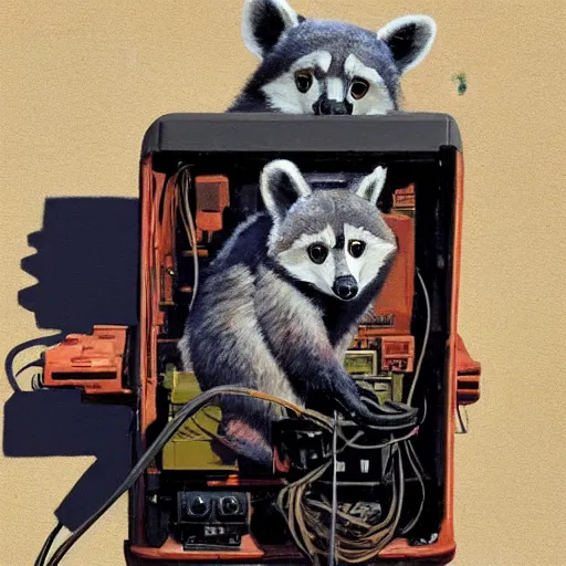 Image similar to greg manchess painting of a trash panda character, holding a box of cables and standing next to old electronic equiptment, medium shot, asymmetrical, profile picture, organic painting, sunny day, matte painting, bold shapes, hard edges, street art, trending on artstation, by huang guangjian and gil elvgren and sachin teng