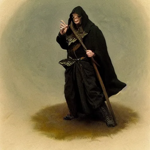 Image similar to small pale cowardly man wearing dark cloak, portrait, funny artwork, scared smile, close shot, round face, fantasy artwork, dnd, by karl spitzweg, whimsical