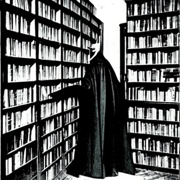 Prompt: nosferatu dracula as a librarian vampire happily looking through books in a giant library, vintage photograph