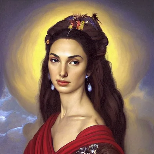 Image similar to Head and shoulders masterpiece portrait oil painting of the beautiful goddess Gal Gadot as Geisha, she is wearing roman clothes and a surreal jewelry, her hair is natural disheveled, she is approaching heaven over the clouds, naturalism, dramatic lighting, high-detailed oil painting by Ilya Repin, Michelangelo da Caravaggio, William Blake, Alex Grey and Beksinski, trending on Artsation, hystorical painting, naturalism, masterpiece, 4k, 8k,