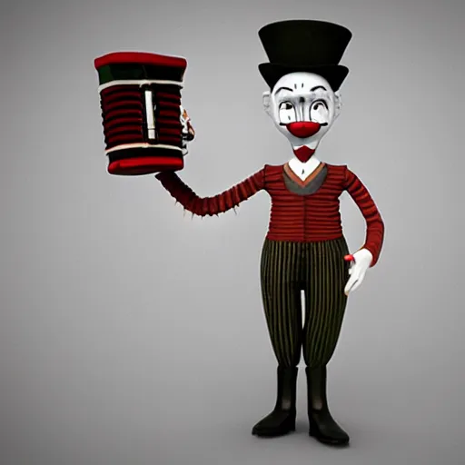 Image similar to Unreal Engine render of a peculiar man with a long curvy accordion-neck, clown face, steampunk, 4K character design