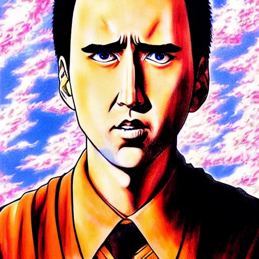 Image similar to anime portrait painting of nicholas cage by hayao miyazaki, katsuhiro otomo, akira toriyama, satoshi kon, eiichiro oda, hideaki anno