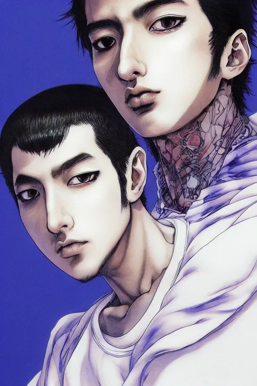 Prompt: beautiful medium shot manga portrait of mahmood inspired by ayami kojima with short hair dressed with a white t - shirt, white background white bank studio light, art by yoshitaka amano, hiroaki samura, jiro matsumoto and yusuke murata, sharp focus, high quality, 8 k