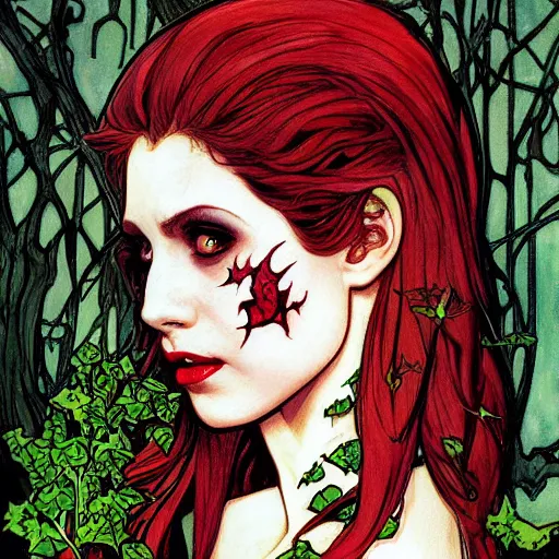 Image similar to a beautiful painting buffy the vampire slayer as poison ivy, dark eyeliner, intricate, elegant, highly detailed, digital painting, artstation, concept art, matte, sharp focus, illustration, art by rebecca guay and by arthur rackham and by alphonse mucha and by john william waterhouse