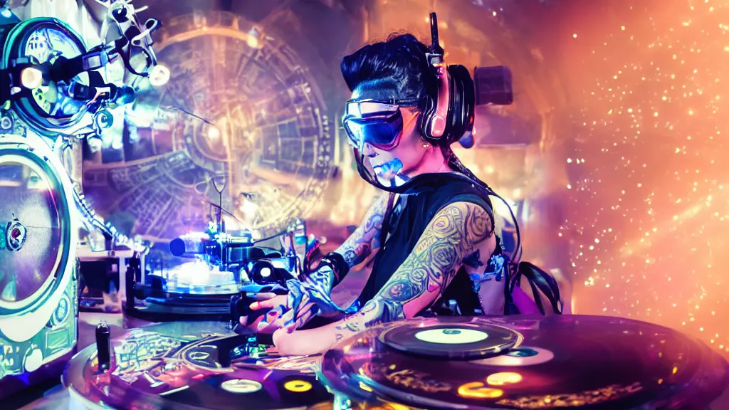 Image similar to a tattooed woman wearing goggles and visor and headphones using an intricate clockwork record player turntable contraption, robot arms, turntablism dj scratching, intricate planetary gears, cinematic, sharp focus, led light strips, bokeh, iridescent, black light, fog machine, hazy, computer screens, lasers, spotlights, light trails, hyper color photograph