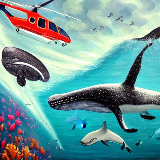 Image similar to an modern hyperrealistic painting, under the sea, helicopters flying underwater around a big whale