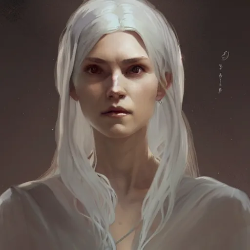 Image similar to woman, white clothed, white hair, daoist, artstation, concept art, style of greg rutkowski and alphonse mucha