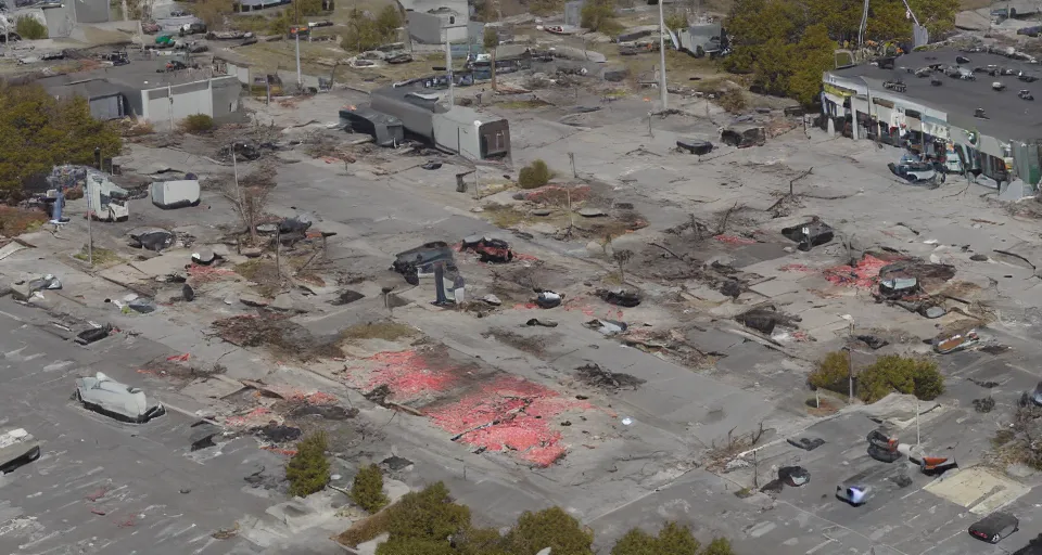 Image similar to top down aerial view of dilapidated zombie - apocalypse gas - station with supermarket and restaurants in real life, desolate with zombies, dilapidated, zombies in the streets, nightmarish, some rusted style parked vehicles, sunny weather, few clouds, volumetric lighting, photorealistic, daytime, autumn, sharp focus, ultra detailed, cgsociety