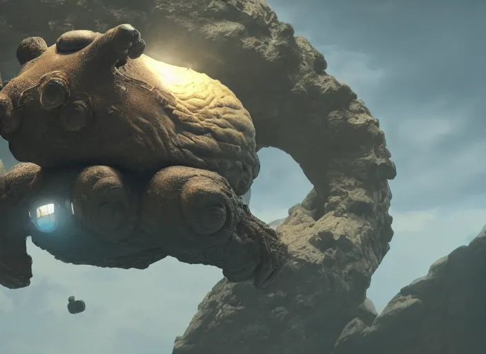Prompt: A man riding a giant tardigrade to freedom, Unreal Engine, cinematic, dramatic