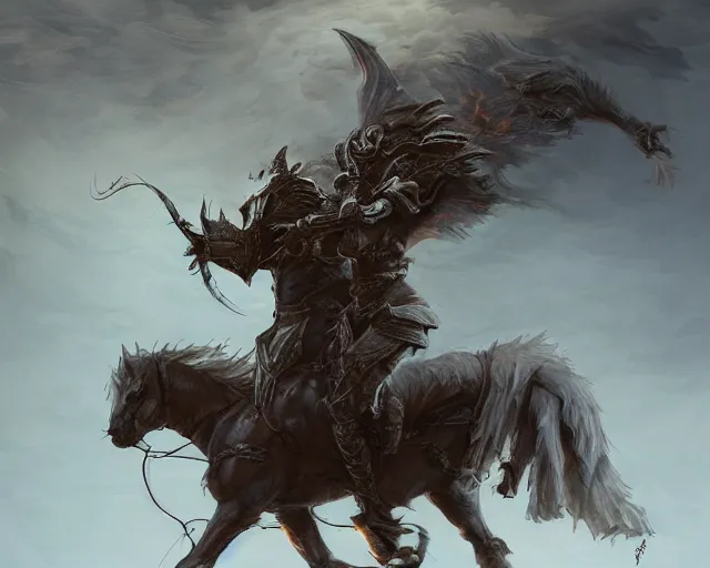 Image similar to A faded ghost devil warrior riding a giant ghost horse with armour, fantasy art, in the style of Frank Neidhardt, illustration, epic art, fantasy, intricate, elgant, amazing detail, digital painting, artstation, concept art, smooth, sharp focus